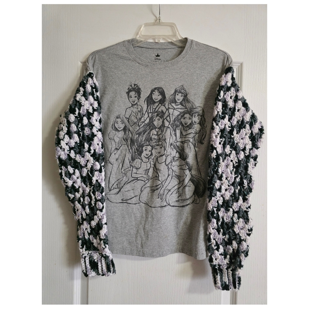 Upcycled Disney Gray Princess Graphic Tee w/ Crochet Sleeves